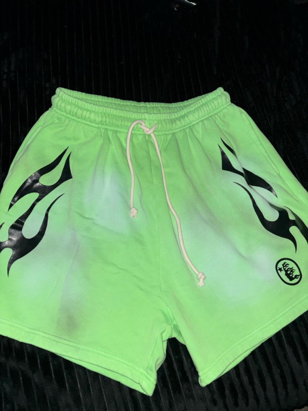 Men's Neon Green Athletic Shorts with Black Flame Accents